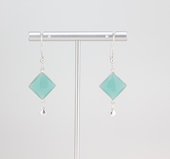 Aqua Blue Chalcedony Silver Drop Earrings: Beachy Boho Gemstone Jewelry