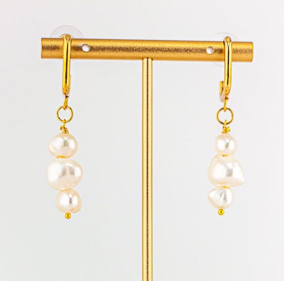 Gold Pearl Earrings: Modern Boho Chic Style Geometric Square Studs and White Freshwater Pearls