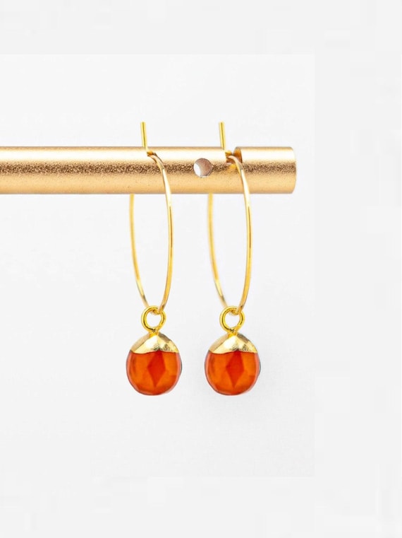 Dainty Carnelian Earrings: Boho Chic Small Stainless Steel Gold Hoops, Elegant Orange Gemstone Jewelry