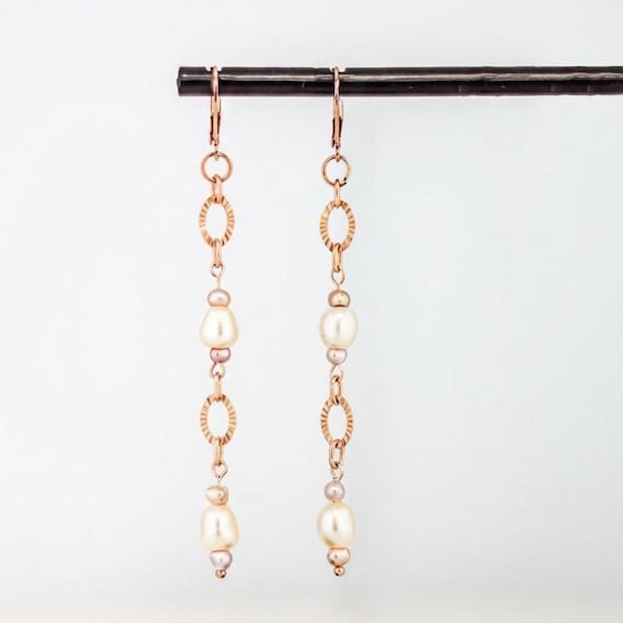 Rose Gold Pearl Dangle Earrings: Long White, Lavender and Pink Boho Statement Earrings