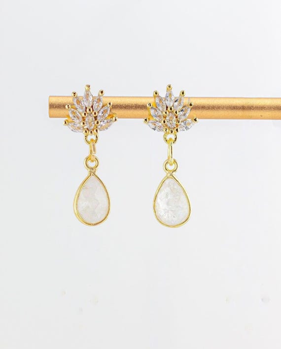 Dainty Rainbow Moonstone Drop Earrings: Art Deco Vintage Style Gold Bridal Jewelry