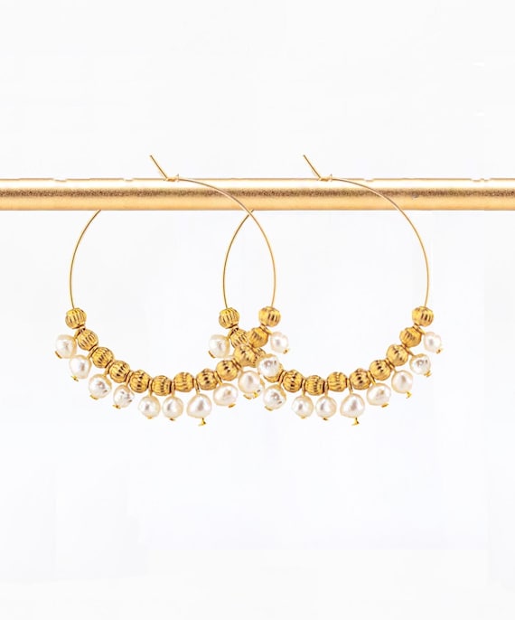 Boho Chic Pearl Earrings: Large Beaded Gold Statement Hoops for Weddings and Evening Dresses