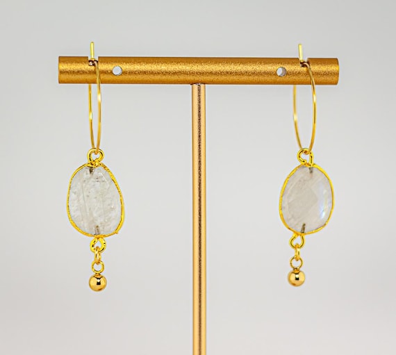 Rainbow Moonstone Hoop Earrings: Boho Luxe Gold Dangles, Unique Wedding Jewelry
