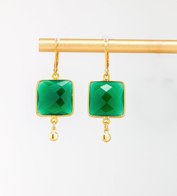 Emerald Green Chalcedony Earrings: Square Shaped Gold Drops, Vintage Style