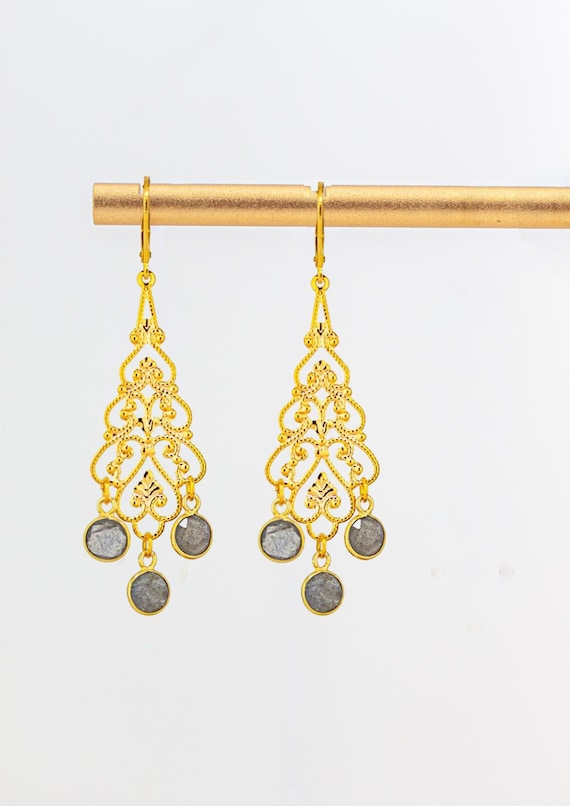 Gold Filigree Earrings: Boho Luxe Chandelier Style Labradorite Gemstone Jewelry