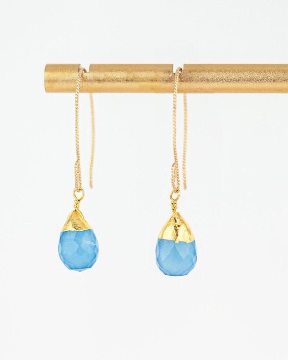 Aqua Santorini Blue Chalcedony Drop Earrings: Dainty Chic Boho Luxe Gold Dangles