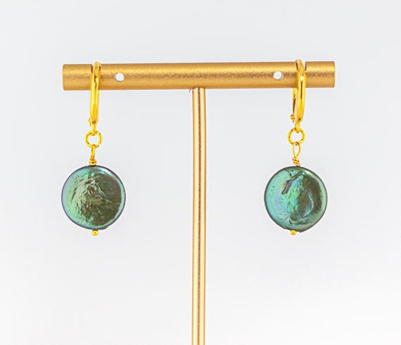 Emerald Green Pearl Drop Earrings: Dainty Boho Chic Gold Gemtone Jewelry