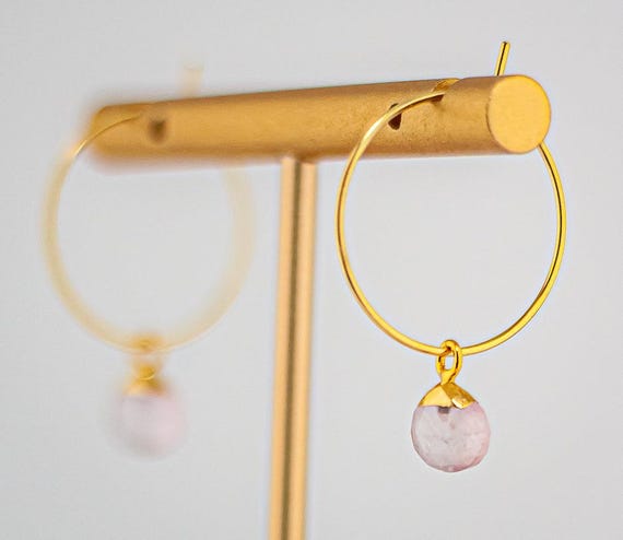 Rose Quartz Earrings: Gold Stainless Steel Hoops, Blush Pink Gemstone Drops