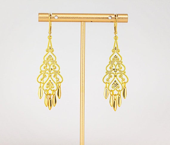Gold Filigree Earrings: Boho Chic Chandelier Style Gold Dangles, Elegant Jewelry for Everyday Wear
