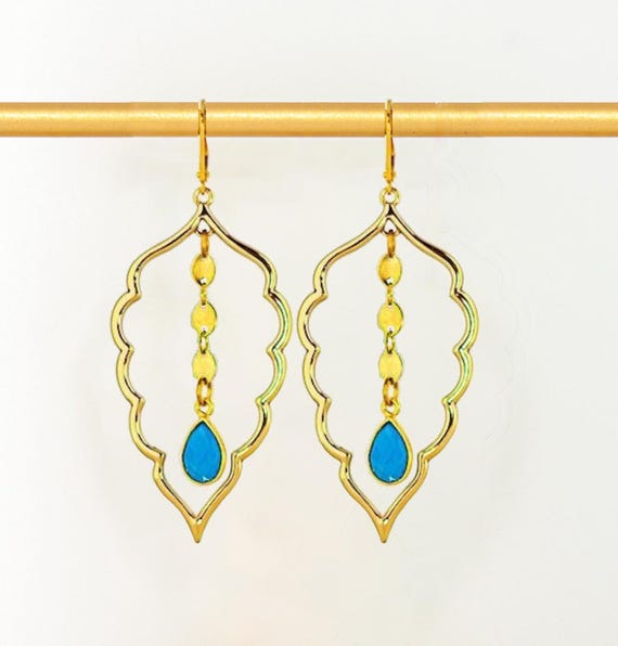 Turquoise Howlite Dangle Earrings: Gold Boho Statement Earrings