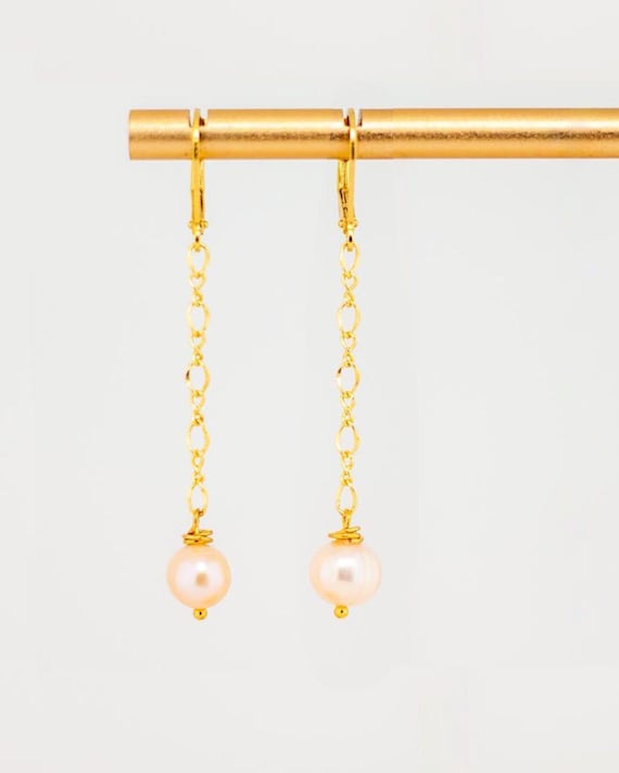 Pink Pearl Drop Earrings: Long Dainty Gold Dangles for Weddings, Special Occasions