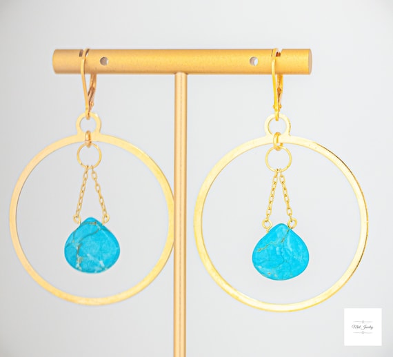 Turquoise Howlite Gold Hoop Earrings: Boho Chic Gemstone Jewelry