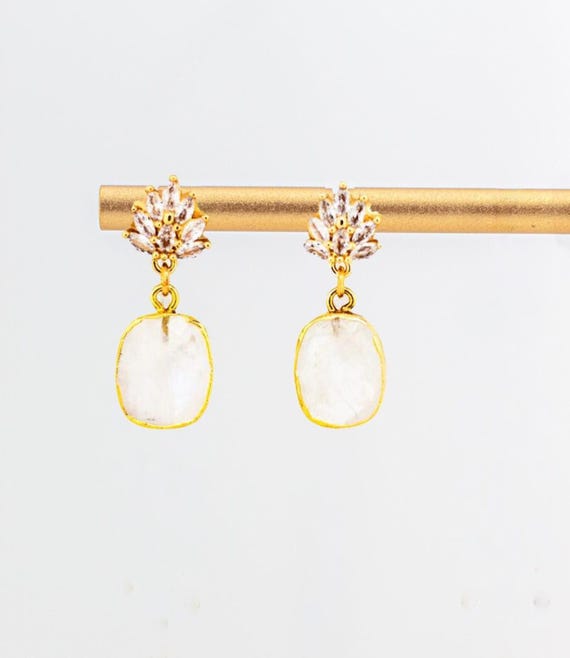 Rainbow Moonstone Drop Earrings: Dainty Vintage Boho Bridal Jewelry