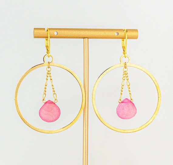Rose Pink Chalcedony Hoop Earrings: Boho Gemstone Statement Jewelry, Large Gold Dangling Hoops