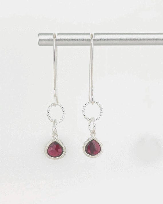 Garnet Dangle Earrings: Unique Boho Chic Silver Drops with Dark Red Gemstones