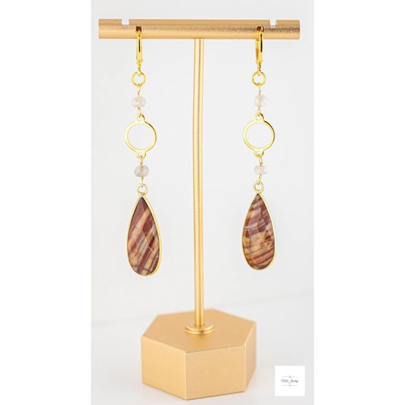 Moonstone & Red Jasper Dangle Earrings: Boho Gold Accent Statement Jewelry