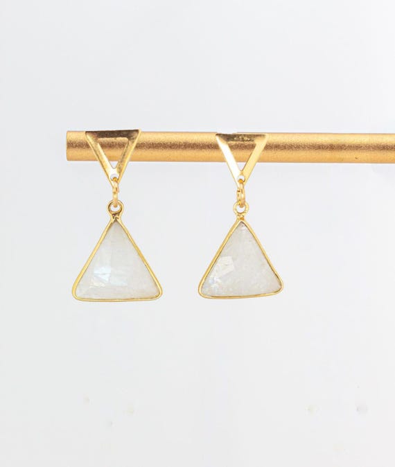 Rainbow Moonstone Earrings: Boho Chic Gemstone Drops with Geometric Gold Accents, Everyday Moonstone Jewelry