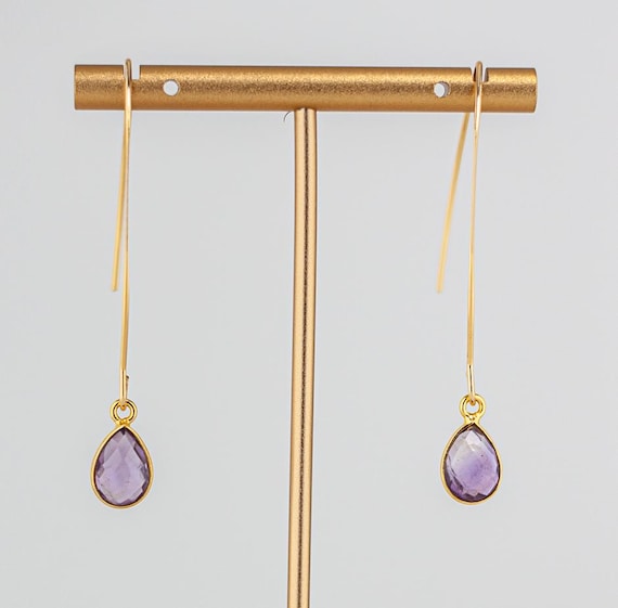 Dainty Amethyst Earrings: Purple Gemstone Jewelry, Minimalist Fishhook Style, Long Gold Drop Earrings