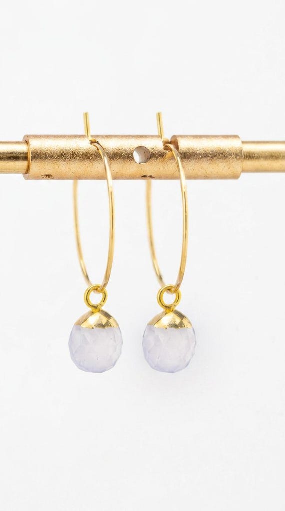 Dainty Pale Blue Chalcedony Earrings: Little Gold Hoops, Stainless Steel Gemstones Jewelry