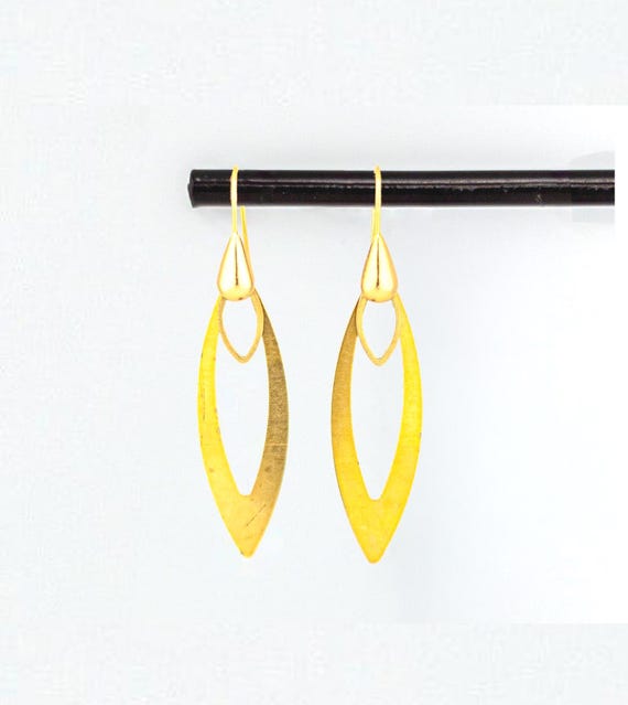 Gold Brass Drop Earrings: Art Deco Style, Geometric Shaped Statement Jewelry