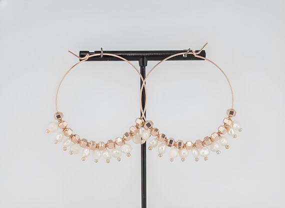 Petit-Pearls & Rose Gold-Filled Hoop Earrings, Boho Chic Statement Jewelry
