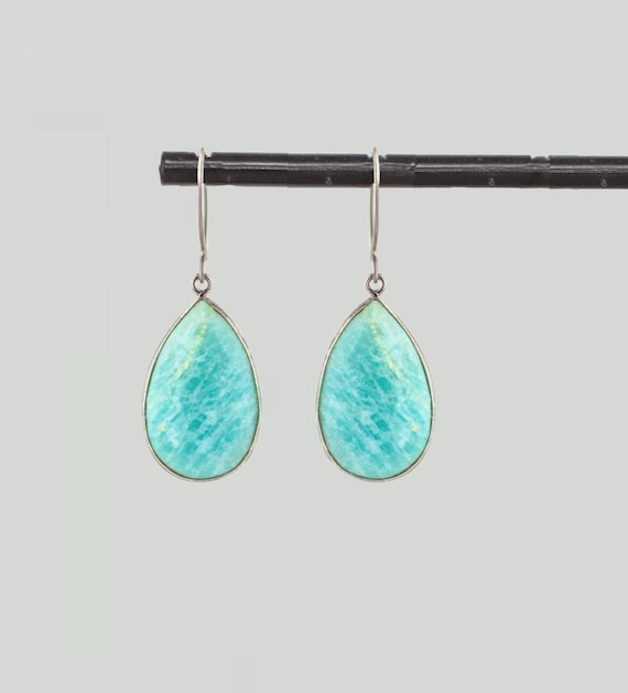 Boho Amazonite Drop Earrings: Seafoam Green Statement Earrings With Grey Niobium Hooks