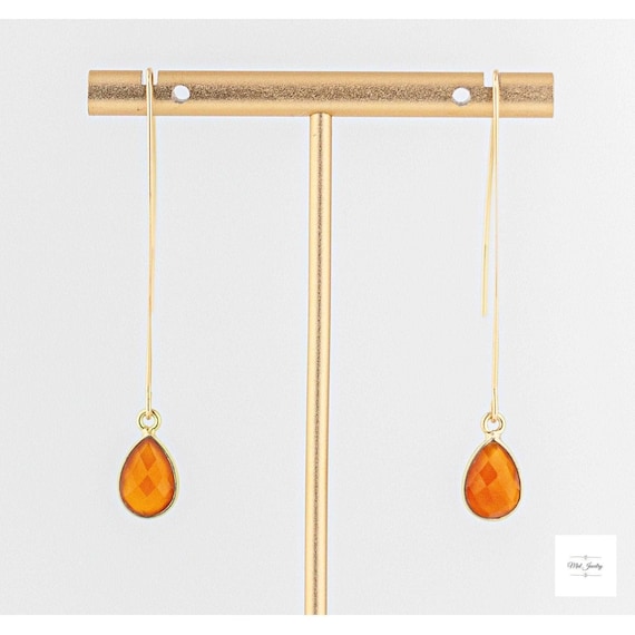 Orange Carnelian Earrings: Minimalist Gold Fishhook Style, Boho Gemstone Drops