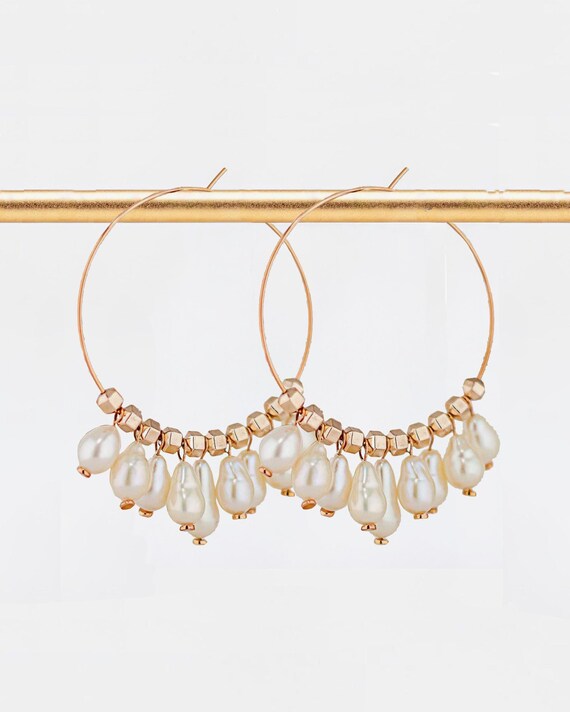 Baroque Pearl Earrings: Big Rose Gold Statement Hoops, Pink and White Boho Wedding Jewelry