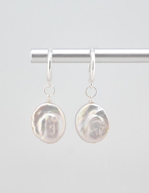 White Coin Pearl Bridal Earrings: Simple Silver Wedding Jewelry for Bohemian Bride - Beach and Boho Ceremony