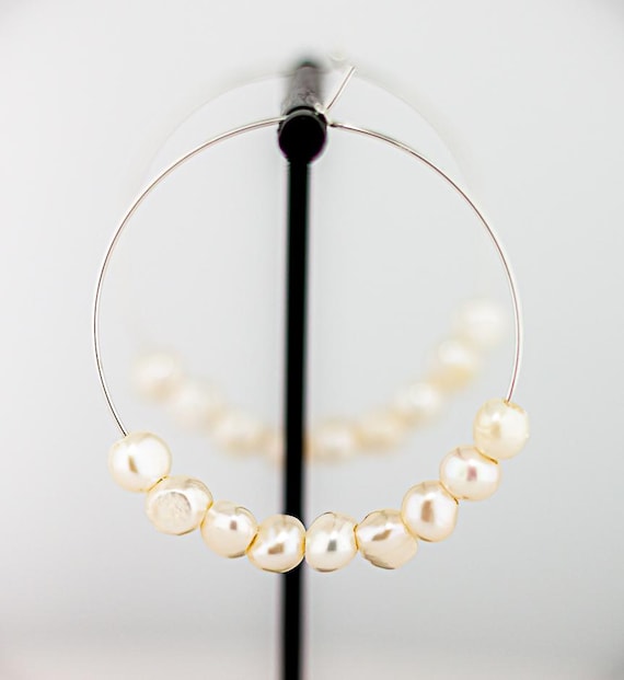 Pearl Hoop Earrings: Sterling Silver Hoops with White Freshwater Pearls, Boho Chic Statement Jewelry