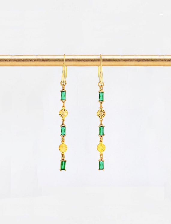 Emerald Green Glass Dangle Earrings: Long Vintage Style Drops