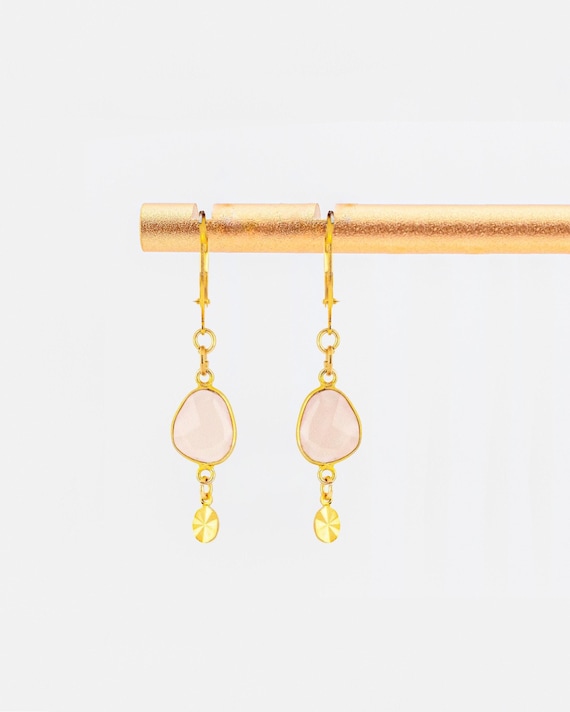 Rose Pink Chalcedony Drop Earrings: Art Deco Vintage Style Dainty Gold Dangles