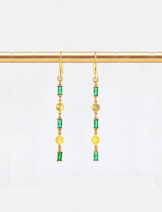 Emerald Green Glass Dangle Earrings: Long Vintage Style Drops