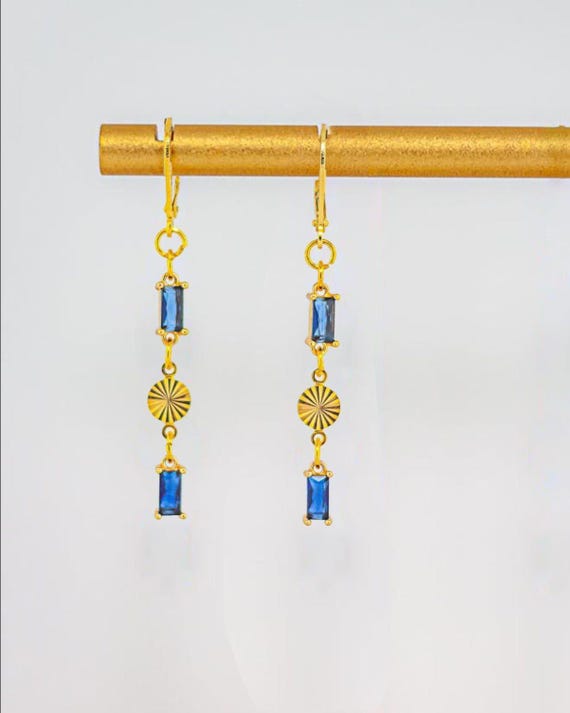 Cobalt Blue Crystal Drop Earrings: Dainty Vintage Style, Everyday Gold Jewelry