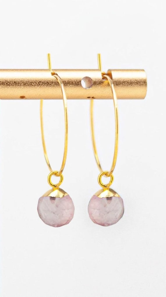 Rose Quartz Earrings: Gold Stainless Steel Hoops, Blush Pink Gemstone Drops