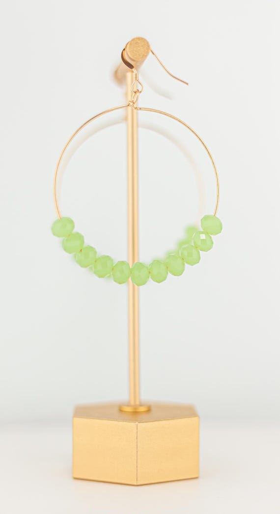 Big Beaded Gold Hoop Earrings: Lime Green Glass Jewelry, Boho Chic Style