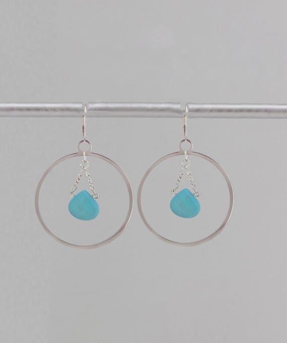 Turquoise Howlite Silver Hoop Earrings: Boho Chic Gemstone Statement Jewelry