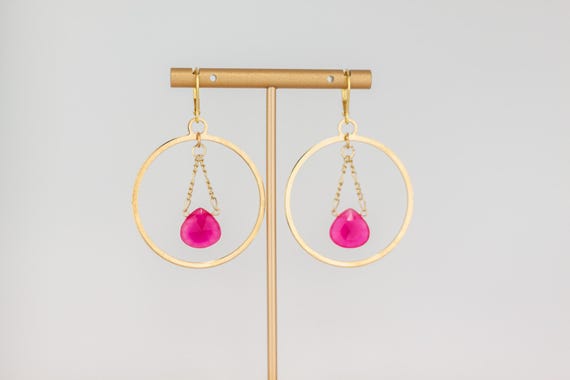 Hot Pink Gold Hoop Earrings: Pink ChalcedonyGemstone Statement Jewelry, Boho Chic Dangles