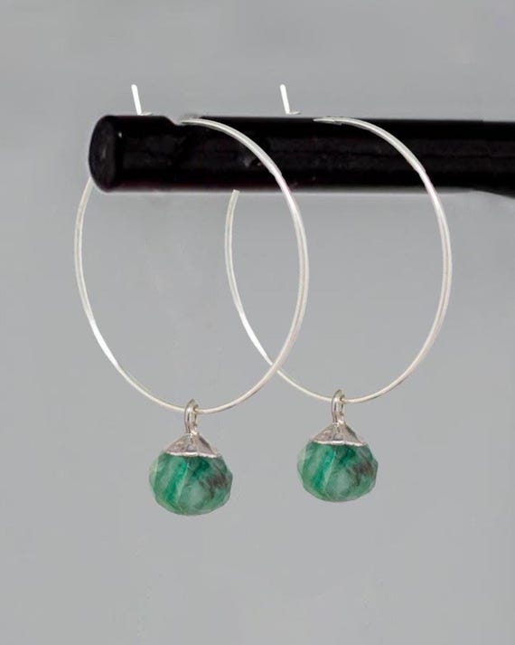 Dainty Natural Emerald Earrings – Small Silver Hoop Earrings with Green Gemstone Drops