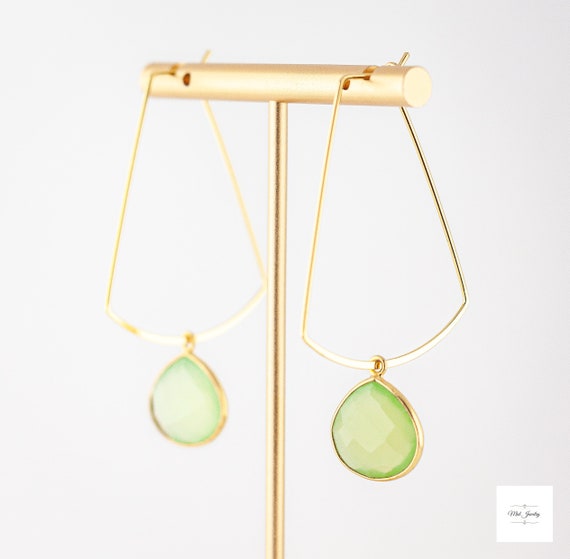 Green Chalcedony Gold Hoop Earrings: Geometric Green Statement Jewelry
