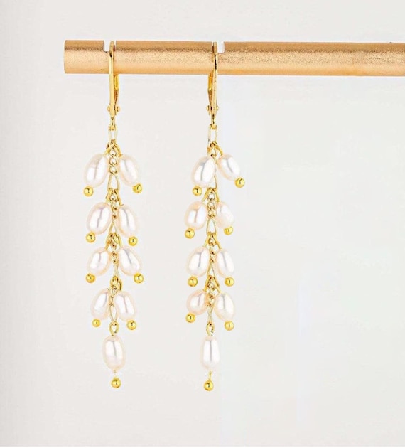 Elegant Rice Pearl Drop Earrings: Long Dangling Gold Earrings