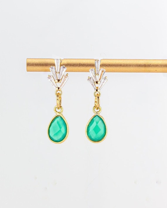 Green Onyx Drop Earrings: Cubic Zirconia Vermeil, Art Deco Style