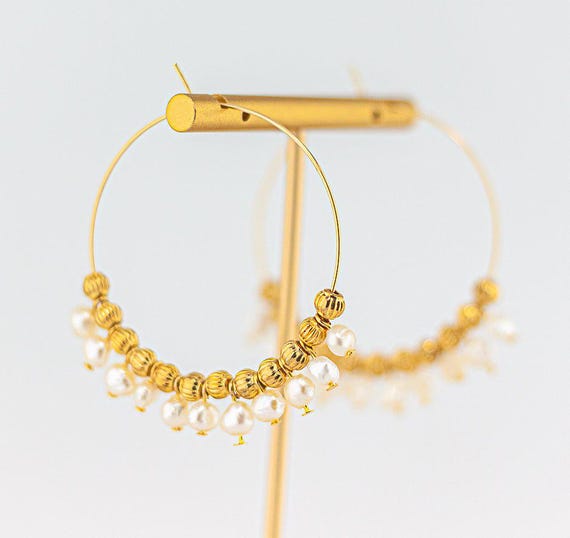 Boho Chic Pearl Earrings: Large Beaded Gold Statement Hoops for Weddings and Evening Dresses