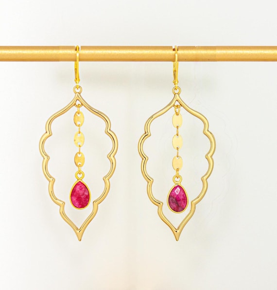 Bold Ruby Dangle Earrings: Pink & Gold Boho Statement Earrings