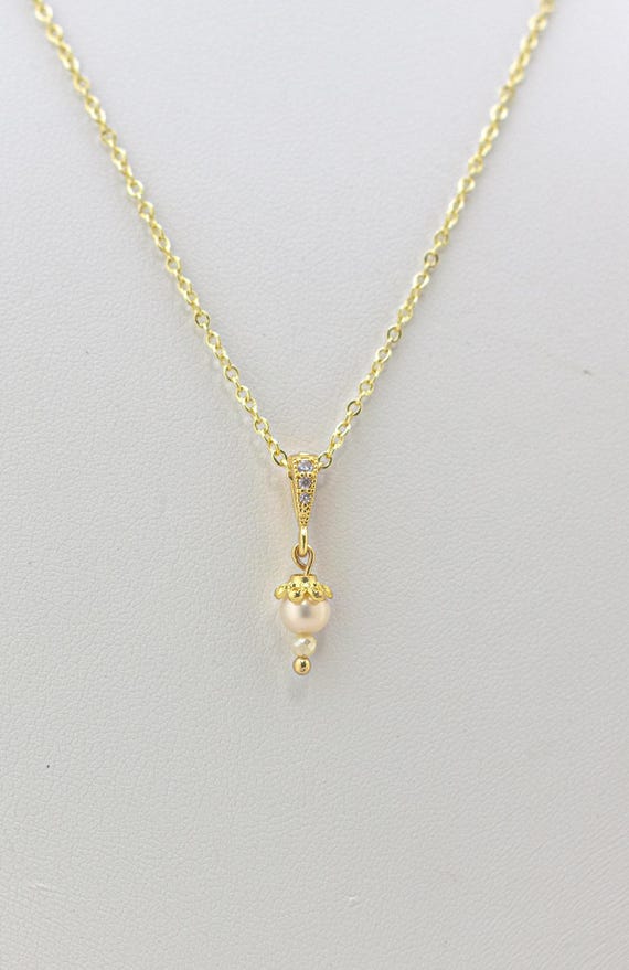 White & Yellow Gold Pearl Charm Necklace With CZ Accent: Timeless Wedding Necklace for Vintage Style Bride