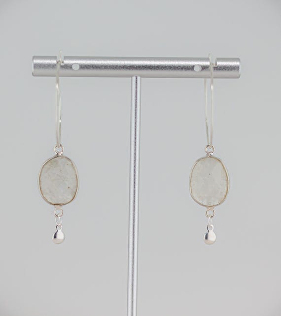 Rainbow Moonstone Earrings: Unique Dangling Sterling Silver Hoop Earrings