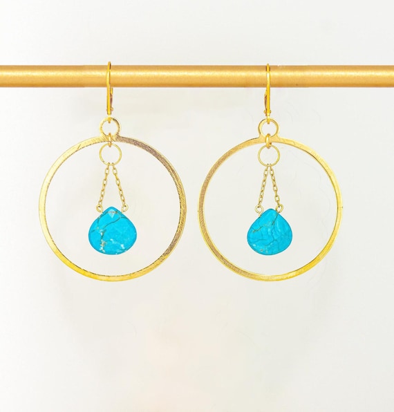 Turquoise Howlite Gold Hoop Earrings: Boho Chic Gemstone Jewelry