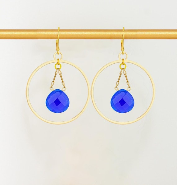 Cobalt Blue Chalcedony Hoop Earrings: Boho Gold Dangle Statement Jewelry
