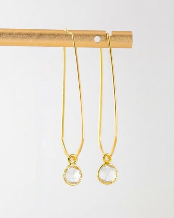 Clear Quartz Crystal Hoop Earrings: Dainty Geometric Gold Hoops - Lightweight Dangles