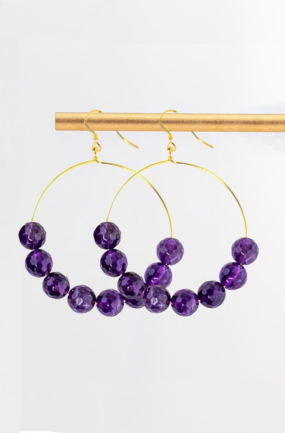 Amethyst Hoop Earrings: Beaded Boho Chic Purple Gemstone Statement Jewelry